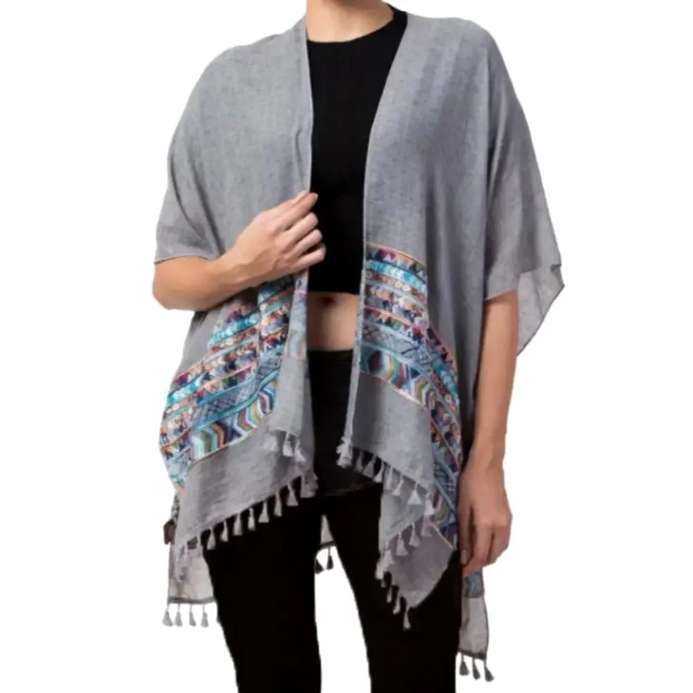 New! RAJ Aztec Embroidered Tassel Trim Beach Cover-up Boho Kimono Shawl Wrap